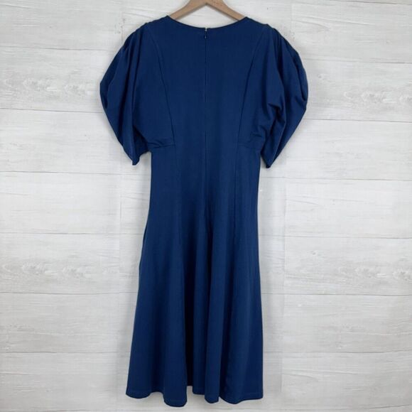 eShakti Midi Dress Size M Blue Fit Flare Asymmetric Puff Sleeve Jersey Cotton - Picture 8 of 14